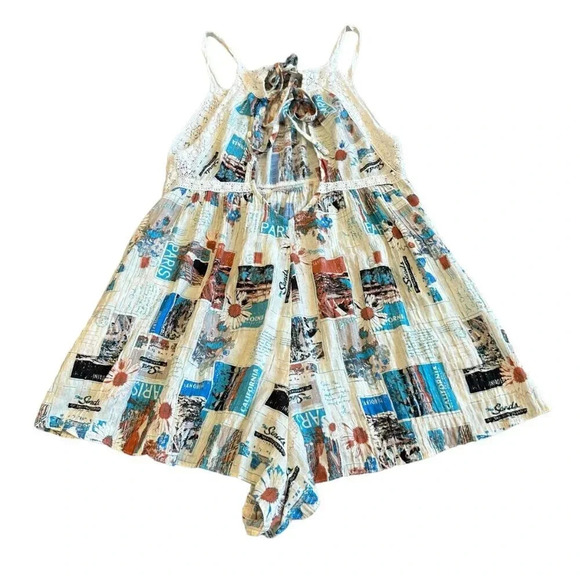 Urban Outfitters Travel Print Shorts Romper Open Tie Back Flowy Size Small Women - Picture 7 of 12